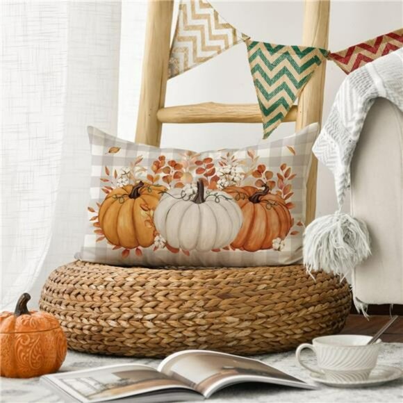 Pumpkin Buffalo Plaid Fall Throw Pillow Cover 12x20 Autumn Thanksgiving Decor - Picture 6 of 8